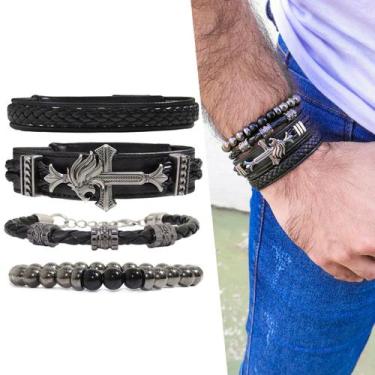 Imagem de KIT C/04 Pulseiras de Couro Ajustável Masculina Leão Grafite - GRANADO