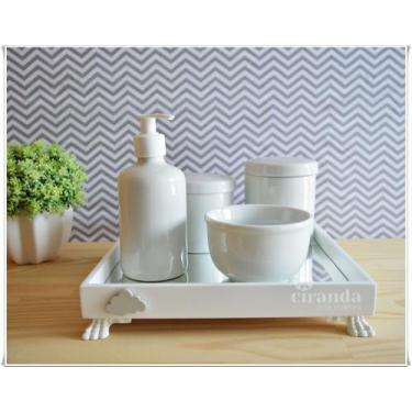 Imagem de Kit Higiene Bebê K037 Porcelanas Moderno Bandeja MDF Espelho Potes Nuv