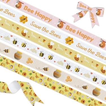 Imagem de YKW Fita de abelha de primavera, conjunto de fitas decorativas de gorgorão com 6 designs de 1,5 cm x 3 metros cada, fitas de artesanato com tema Save The Bees para embrulho de presente, confecção de