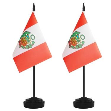 Imagem de Conjunto de 2 bandeiras de mesa do Peru, mesa peruana pequena em miniatura com poste preto de 30 cm e base preta, escritórios, sala de aula, casa, decoração de festival (Peru)