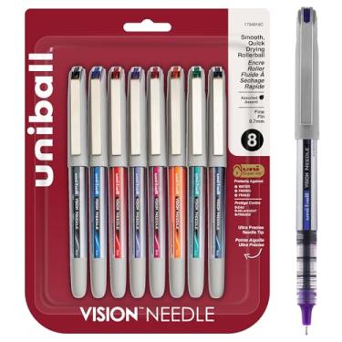 Imagem de uniball Caneta esferográfica Vision Needle, fina, 0,7 mm, cores de tinta sortidas, barril prateado, pacote com 8