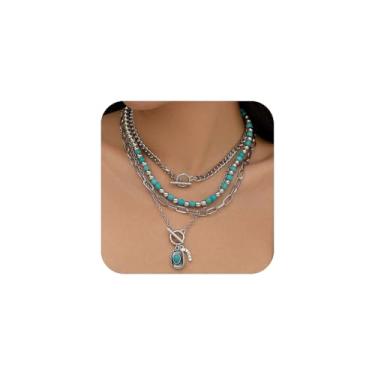 Imagem de CSIYANJRY99 Colares ocidentais em camadas para mulheres, vintage, turquesa, miçangas, joias ocidentais para mulheres, corrente cruzada, cacto com cabeça de boi, colares de corrente cruzada, concerto,