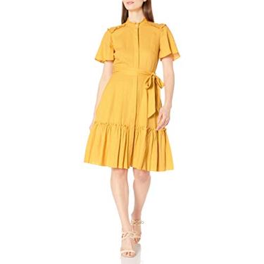 Imagem de Donna Morgan Vestido de linho feminino pequeno, manga curta, gola e bainha com babados, ajuste e flare, Mellow - amarelo, 36