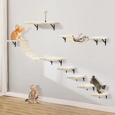 Imagem de Conjunto de escalador de gato montado na parede com prateleiras de escalada, poleiros, ponte, rede, tábua de arranhar e bola - 7 peças de móveis de madeira para gatos internos para brincar de gatinhos (bege)