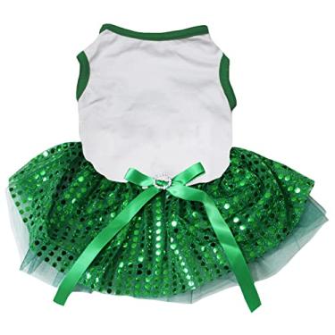 Imagem de Petitebella Vestido de cachorro tutu com lantejoulas simples (branco/verde, médio)