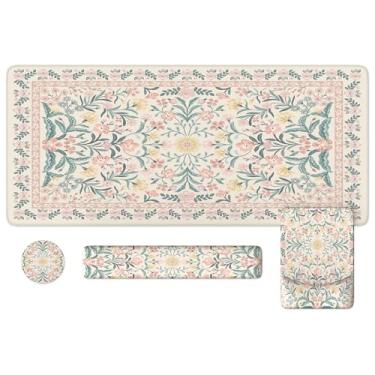 Imagem de iLeadon Conjunto de tapete de mesa rosa fofo, tapete antiderrapante para mouse e teclado para mesa, mouse pad ergonômico extra grande, tapete floral para professores com descanso de pulso para