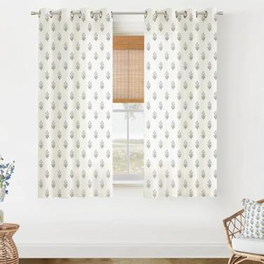 Imagem de Lino Rosa Cortinas transparentes de 163 cm de comprimento para sala de estar, cortinas de janela florais azuis e verdes 153 cm de comprimento, conjunto de 2 painéis