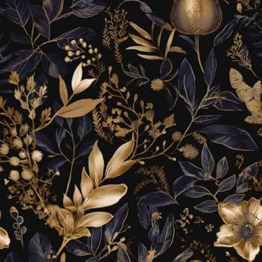 Imagem de Papel de parede floral dourado descasque e cole papel de contato floral preto roxo folha de ouro Boho papel de parede impermeável autoadesivo para quarto, bancada, armários de mesa, decoração 44,2 cm