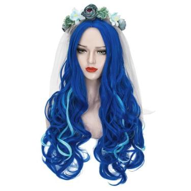 Imagem de Peruca Longa Body Wave Ombre Azul Probeauty - Com Coroa de Flores