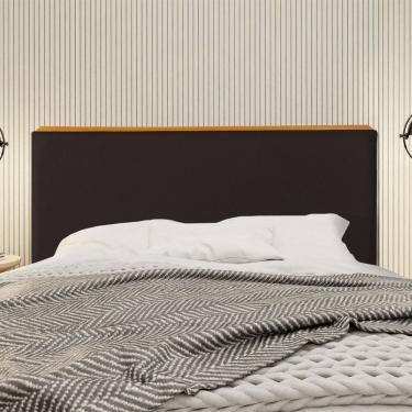 Imagem de Cabeceira Cama Box Queen 1,60m Estofada Detalhe em Madeira Java Linho Marrom Escuro