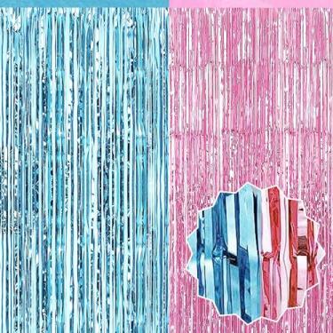 Imagem de Pacote com 6 cortinas de fundo de franja de folha de estanho rosa azul de 8 x 16 m, decorações de festa, cortinas metálicas para cabine de fotos, Halloween, Natal, aniversário, celebração, evento e