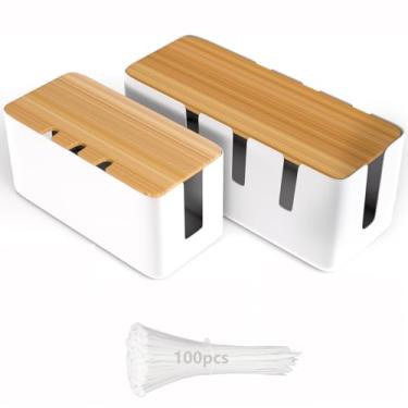 Imagem de Caixa organizadora de cabos - pacote com 2 caixas organizadoras de cabos com conjunto de 100 peças, tampa de madeira, organizador de cabos para mesa, fios de TV, sistema de hub USB de computador para