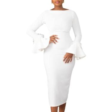 Imagem de Vestido feminino elegante com manga de sino para coquetel para convidada de casamento e vestido de noite midi para igreja, Branco, GG