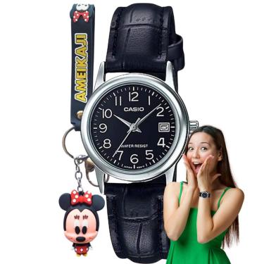 Imagem de Relógio de Pulso Casio Feminino Pulseira de Couro Analógico Casual Pequeno Prata LTP-V002L-1BUDF + Chaveiro