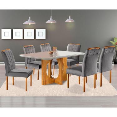 Imagem de Conjunto Sala De Jantar 6 Lugares Mesa Barcelona E Cadeiras Em Veludo Móveis Mix Mel/Off White/Cinza