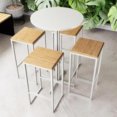 Imagem de Conjunto Mesa Alta Bar Bistrô Redonda Branca 4 Bancos Pinus Industrial White