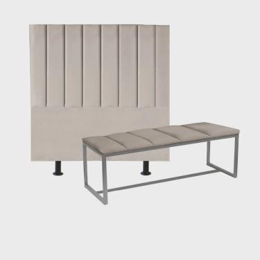 Imagem de Kit Cabeceira Carla e Recamier Industrial 90cm Solteiro Box Ferro Prata Suede Bege - Ahz Móveis