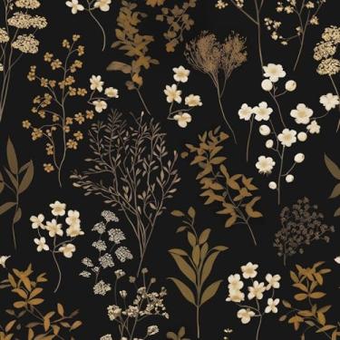 Imagem de XRUIBZI Papel de parede floral preto descasque e cole papel de parede floral vintage folha dourada papel de contato para armário à prova d'água papel de parede autoadesivo para cozinha bancada parede