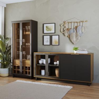 Imagem de Conjunto Cristaleira 2 Portas de Vidro Guanabara com Led e Buffet Sala de Jantar 4 Portas Vitória Preto Fosco/Noce Milano