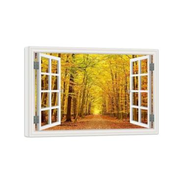 Imagem de Vista da Janela Paisagem Pintura em Tela-Árvore amarela floresta outono-Impressão Lona Arte Parede Natural-Decoração Sala Estar 50x70cm Tela Embrulhada