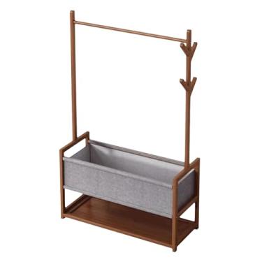 Imagem de PEKJI Cabideiro de bambu com prateleiras de armazenamento de 2 camadas, suporte independente para casacos, árvores, economia de espaço, para roupas, chapéus, bolsas