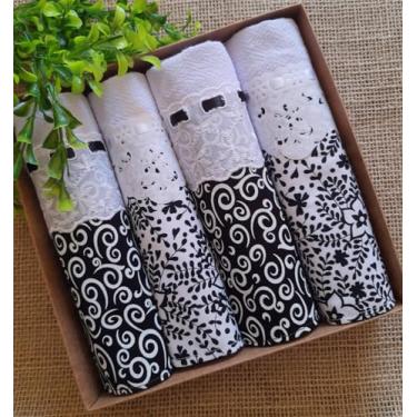 Imagem de Conjunto de Panos de Prato Decorativos, Estampa Floral e Arabesco em Preto e Branco, com Renda, 4 Peças