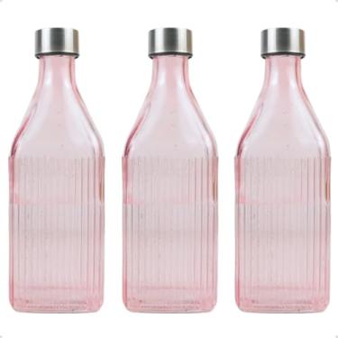 Imagem de Kit 3 Garrafas Quadrada De Vidro Canelado com Tampa 1l Colorida para Geladeira (Rosa)