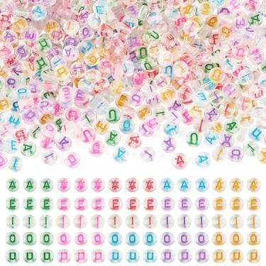 Imagem de FASHEWELRY 500 peças de contas de acrílico transparentes transparentes a granel de plástico colorido contas de vogal redonda plana A/E/I/O/U contas do alfabeto inicial para pulseiras, colar, brinco