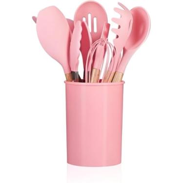 Imagem de KIT Cozinha 12 Utensílios de Silicone Com Cabo de Madeira Antiaderente e Resistente ao Calor Conjunto Completo Premium BPA Free (Rosa)