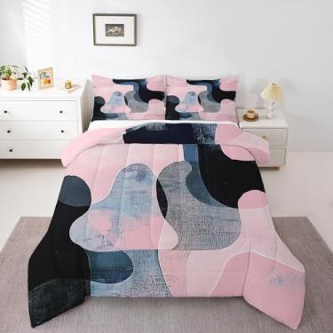 Imagem de Feelyou Conjunto de cama infantil retrô, geométrico, geométrico, geométrico, para decoração de quarto de adolescentes, rosa e azul marinho, decoração de quarto de adolescentes