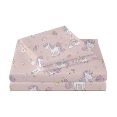 Imagem de ROLJZTY Jogo de lençol infantil solteiro com estampa de unicórnio fofo de microfibra com bolso profundo de 3 peças - Jogo de cama infantil confortável e respirável para meninos e meninas e