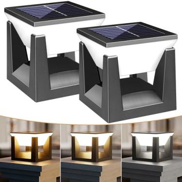 Imagem de LazyBuddy Luzes de poste solares ao ar livre, pacote com 2 à prova d'água - Luzes de LED com tampa de poste de cerca movidas a energia solar para postes de vinil/madeira, pátio - 3 modos de cores