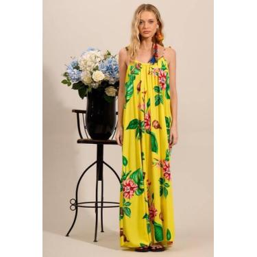 Imagem de Vestido Longo Com Alças De Amarração Amarelo Estampado Yacamim D3, M, 