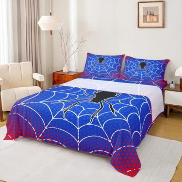Imagem de Jogo de lençol solteiro com teia de aranha, aracnídeo, aracnídeo, animal, decoração de quarto de meninos, meninas, mulheres, homens, feliz dia das bruxas, vermelho, azul, 3 peças (elástico + 1 fronha)