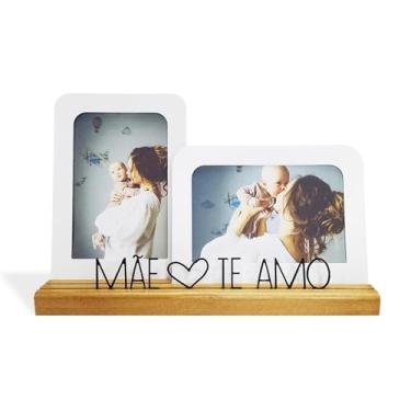 Imagem de Porta Retrato Duplo Mãe Te Amo, 2 fotos 10x15cm, Moldura de Metal e Madeira, branco, preto - GEGUTON