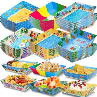 Imagem de 30 bandejas de comida de papel com tema de praia para piscina de verão pratos grandes de papel comida nacho tigela de servir lanche Havaí tropical churrasco suprimentos de festa de aniversário