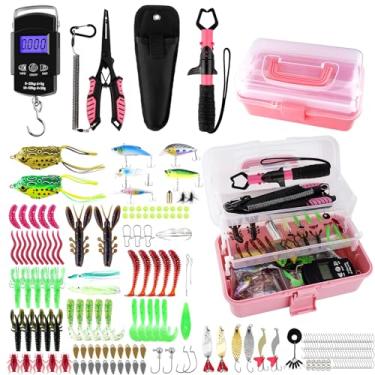 Imagem de Caixa de equipamento de pesca rosa de 3 camadas com equipamento incluído, kit de equipamento de pesca inclui alicate, balança de lábio de peixe, isca giratória, anzóis de iscas macias, presente ideal