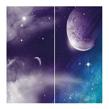 Imagem de Cortina blackout espacial, universo com planeta e lua crescente no céu noturno estrelado, design de ficção científica, cortinas blackout com absorção de som para sala de jantar/decoração de festa, L