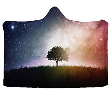 Imagem de Cobertor com capuz grande espacial vestível, árvore única no campo de Meadow Valley com estampa de exibição espiritual do universo de estrelas, cobertor vestível para sofá, bebê, crianças, homens,
