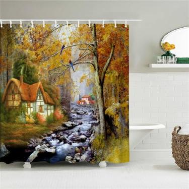Imagem de Cortina de chuveiro de banheiro com impressão de paisagem de cidade rural, cortina de poliéster com pintura de cenário, decoração para casa, JK3329, L90 x A180 cm