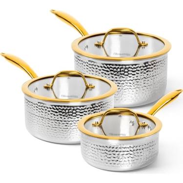 Imagem de MICHELANGELO Conjunto De Panelas Aço Inoxidável Triply, Molho Marteladas Luxo Com Cabo Dourado, Compatível Premium Indução