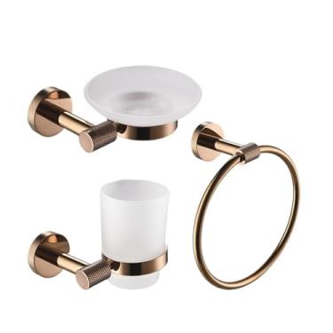 Imagem de Conjunto de banheiro em aço inoxidável 304 ouro rosa - barra de toalha e suporte para papel higiênico - kit completo para montagem em parede, conjunto de 3 peças C