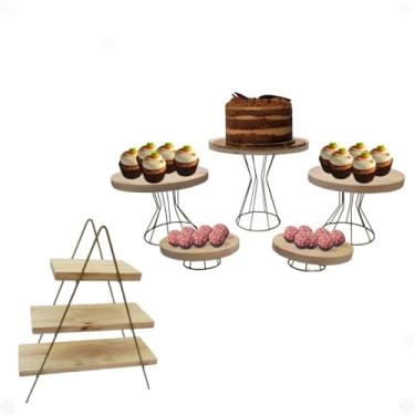 Imagem de Kit Boleira e Escadinha para Doces, 6 Peças, Madeira Rústica com Suporte Dourado, Desmontável (Tampo Natural)