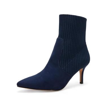 Imagem de Coutgo Botas femininas de cano curto, salto agulha gatinho de malha, camurça sintética, meia de inverno, Camurça azul-marinho, 39
