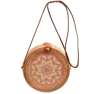 Imagem de SHAREYOIU Bolsas de ombro redondas de vime estampadas à mão estilo praia tropical natural chique com alça de couro, 21, Big，7.87x 3.2 inch