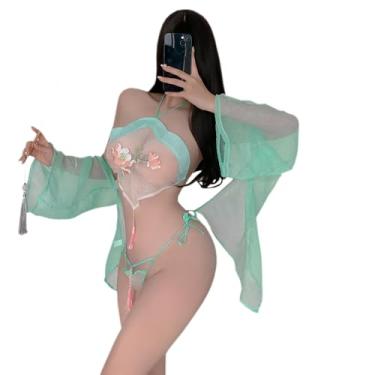 Imagem de SENJIY Vestido de lingerie sexy para mulheres, cosplay, fantasia exótica, Hanfu, cheongsam, fada chinesa, fofo, dramatização, anime, babydoll com fenda alta, sutiã floral árabe, saia com borla branca