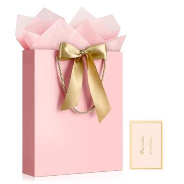 Imagem de JMANNI Bolsa de presente, 1 bolsa de presente grande com fita e 1 cartão de felicitações, 2 lenços de papel, bolsa de presente de papel portátil com alças, sacolas de presente de aniversário, sacolas