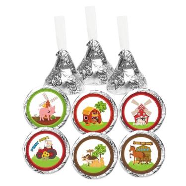 Imagem de Adesivos de beijos de animais de fazenda - Lembranças de adesivos redondos com tema de fazenda - Etiquetas de festa de aniversário e chá de bebê para crianças de celeiro servem em doces de chocolate