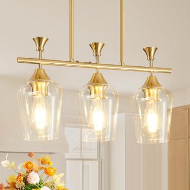 Imagem de UnicozoHome Luminária/Lustre De Mesa Para Sala Jantar, Iluminação Ilha Cozinha Com 3 Luzes Suspensas Lustres Lineares Estilo Fazenda, Luminárias Pendentes Teto Modernas Douradas, Cúpula Vidro Transp