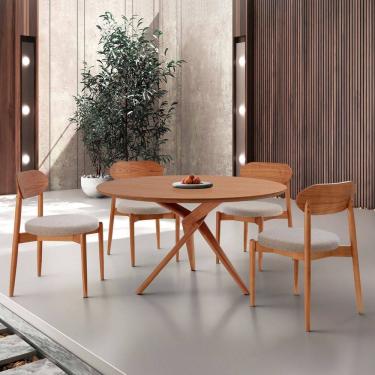 Imagem de Conjunto Sala de Jantar Mesa 135cm Tampo Redondo Laminado e 4 Cadeiras Hope Brisa / Imbuia Natural